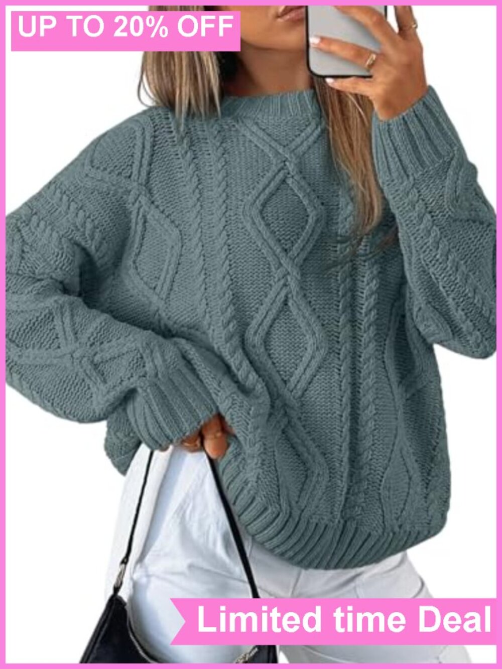 Oversized Cable Knit Sweater Cotton Blend Pullover Crew Neck Long Sleeve